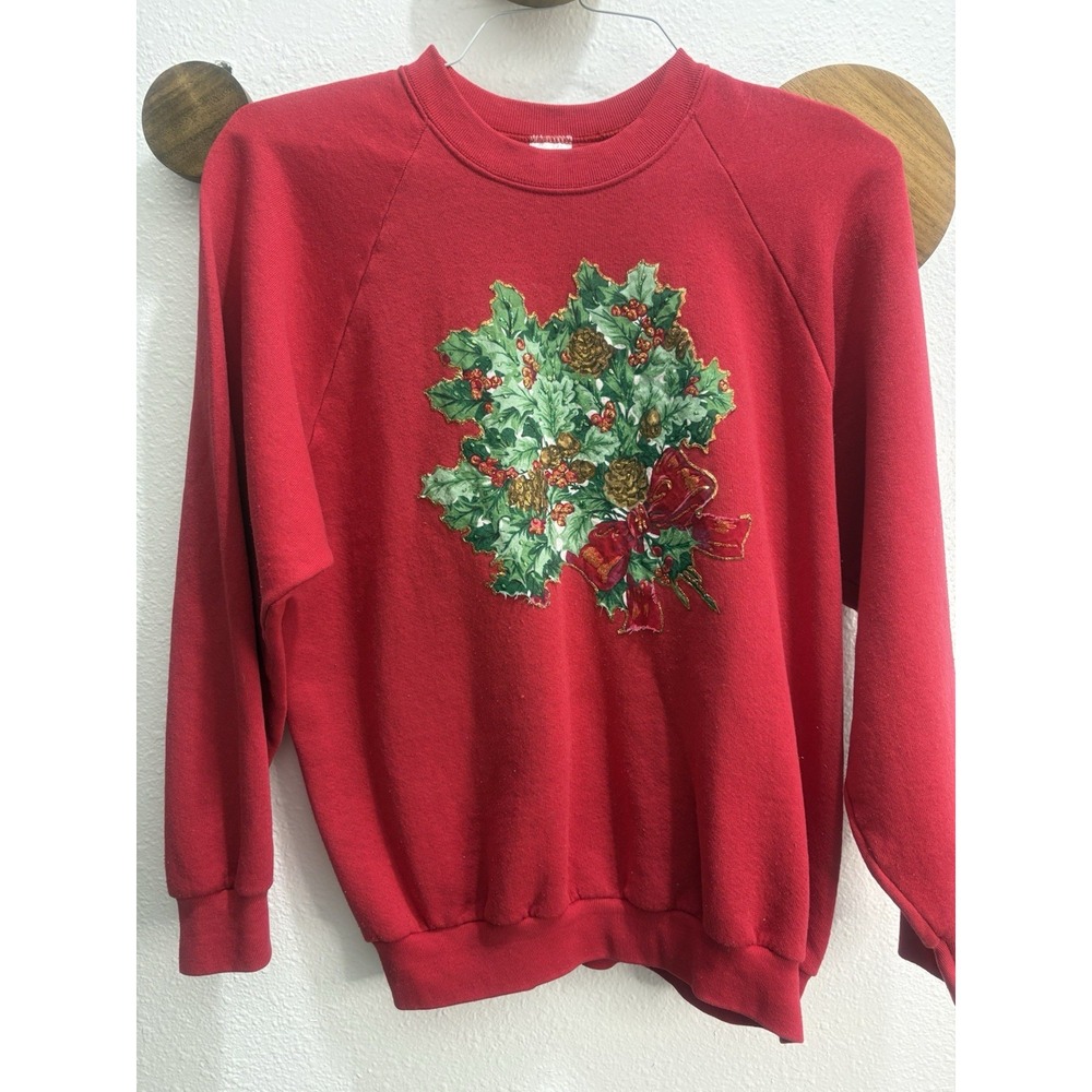 Vintage 90s Poinsettia Christmas Granny Core Sweatshirt Handmade Crewneck Size L